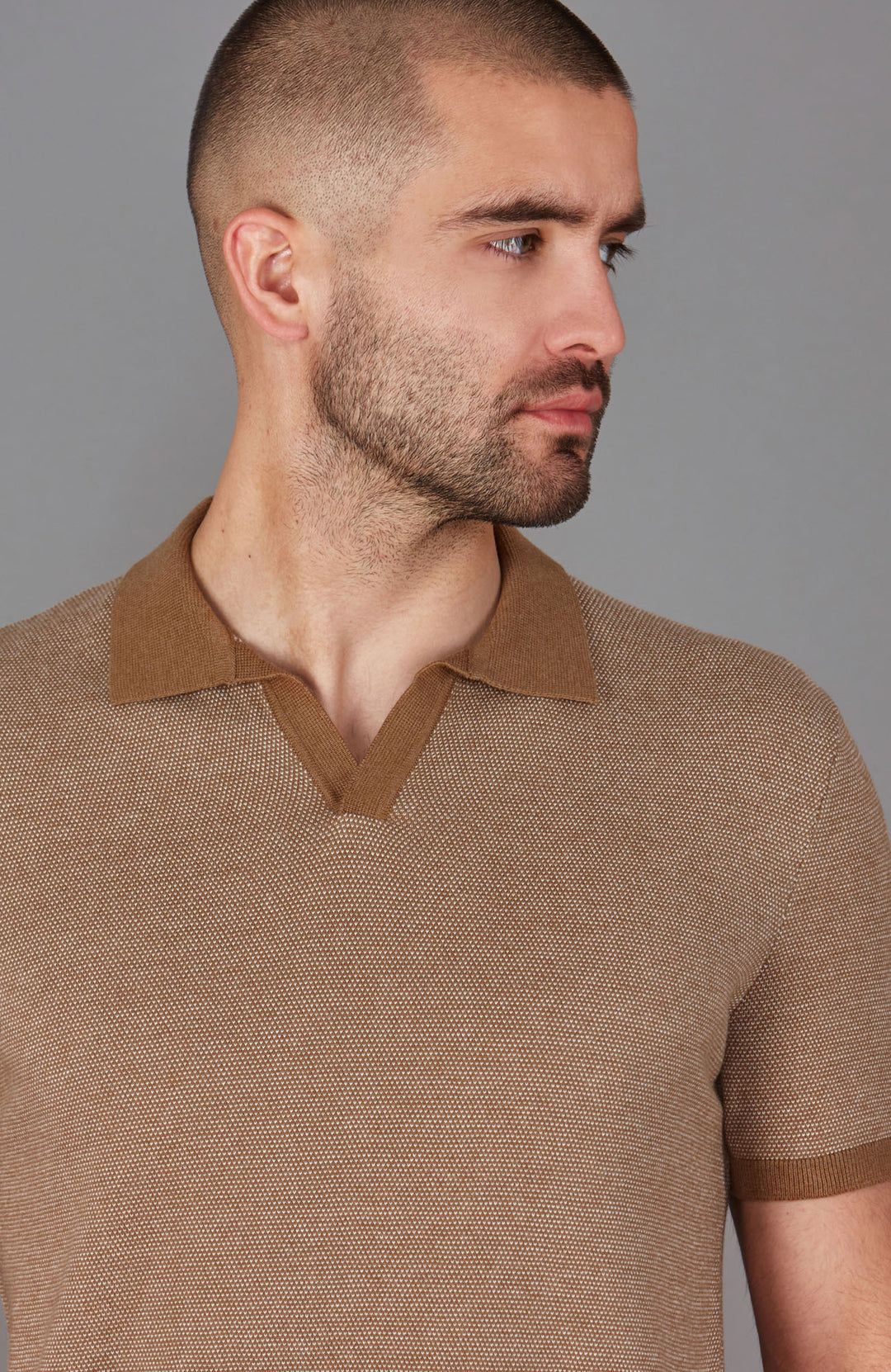 camel mens textured open collar polo shirt