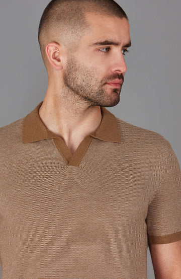 camel mens textured open collar polo shirt