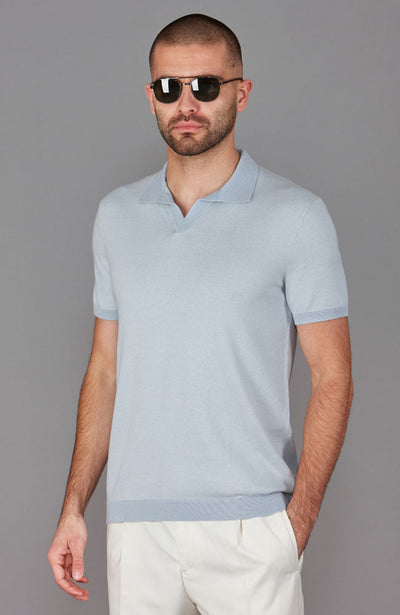 mens blue buttonless short sleeve polo shirt