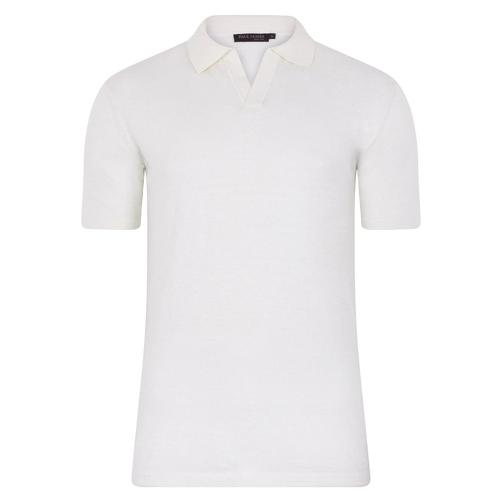 white mens linen buttonless polo shirt