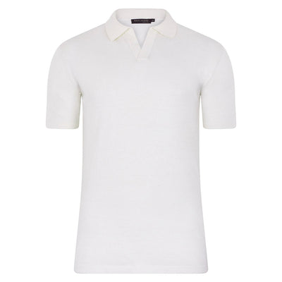 white mens linen buttonless polo shirt