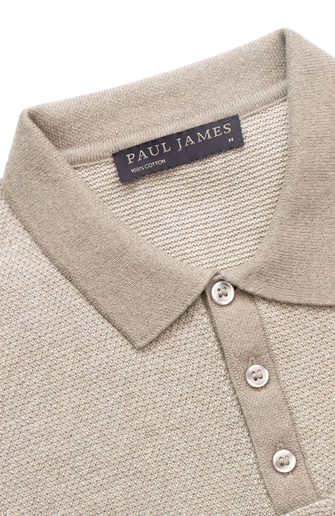 Beige men's textured short sleeve polo shirt by Paul James Knitwear