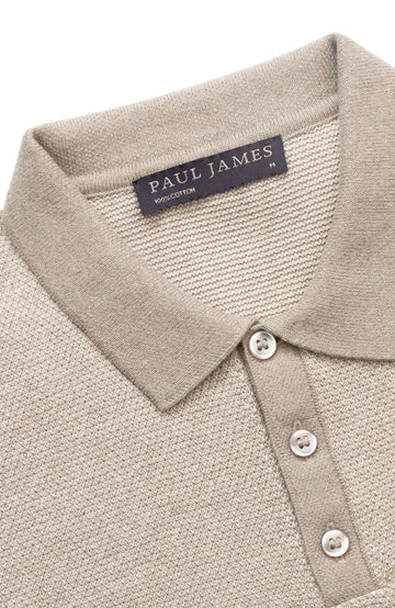 Beige men's textured short sleeve polo shirt by Paul James Knitwear