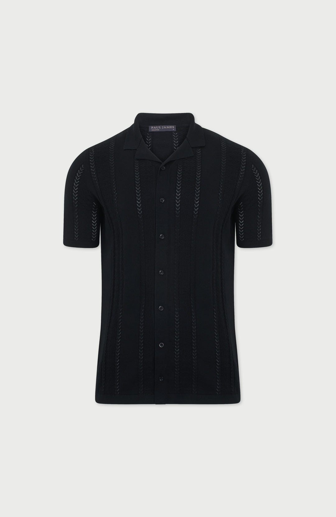 black short-sleeve open knit shirt by paul james