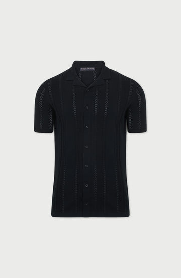black short-sleeve open knit shirt by paul james