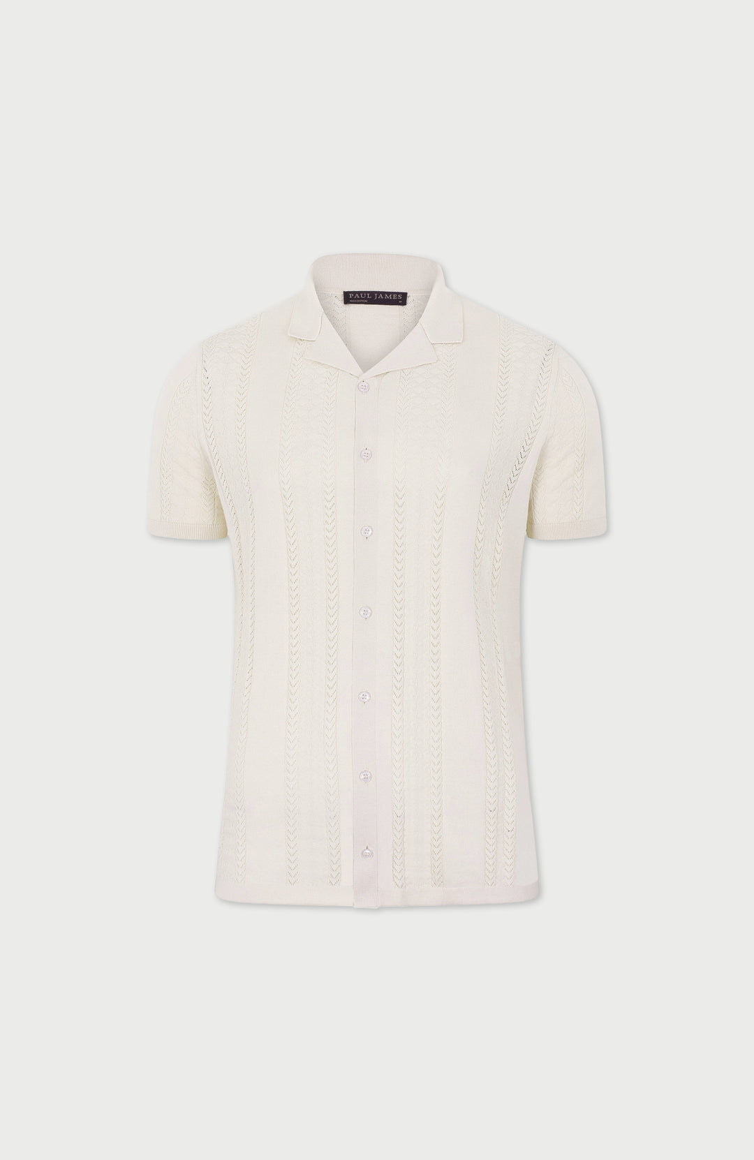 White short-sleeve open knit shirt by paul james