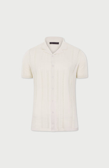 White short-sleeve open knit shirt by paul james