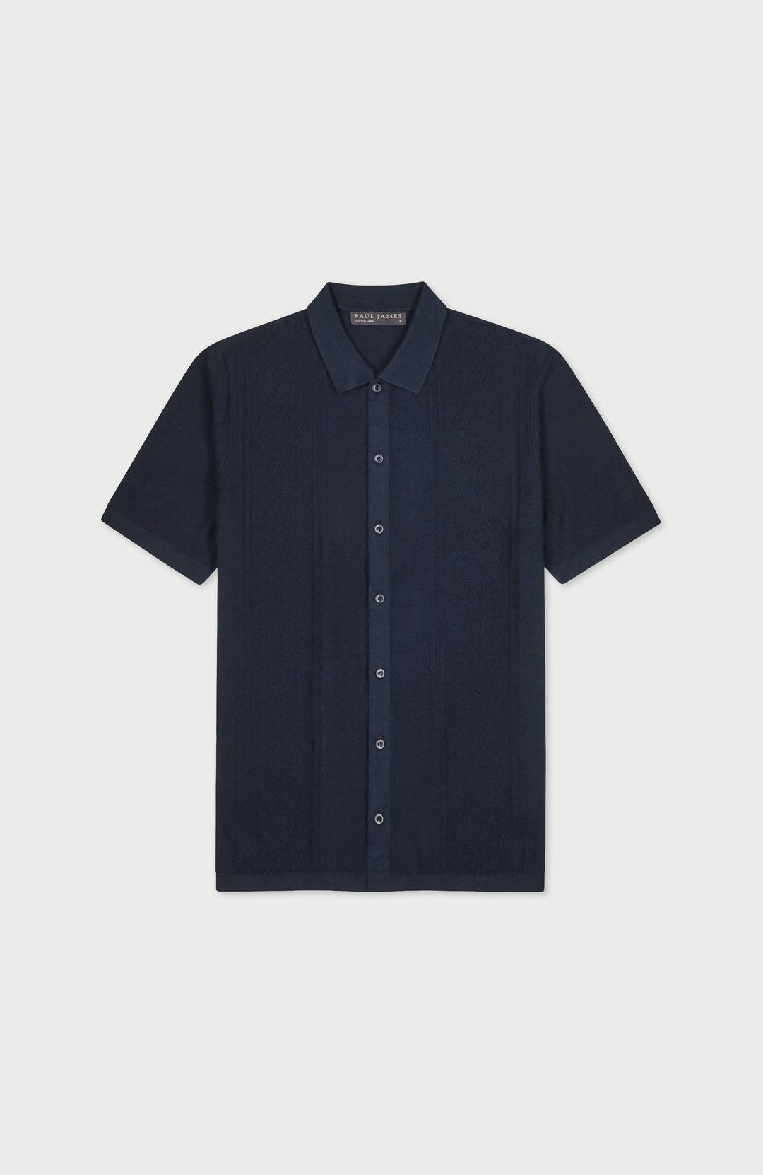 Men's navy cotton linen short-sleeved knitted shirt by Paul James Knitwear
