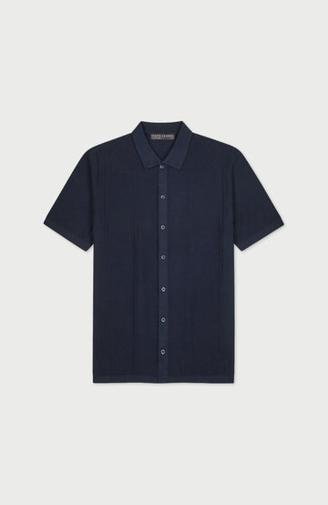 Men's navy cotton linen short-sleeved knitted shirt by Paul James Knitwear