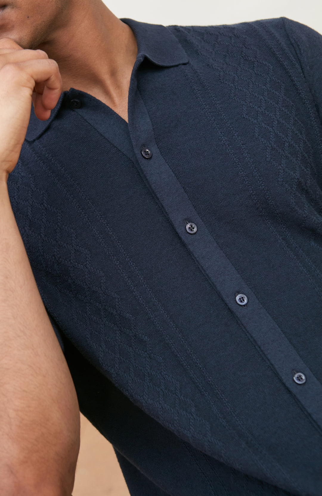 Men's navy cotton linen short-sleeved knitted shirt by Paul James Knitwear