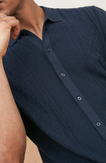 Men's navy cotton linen short-sleeved knitted shirt by Paul James Knitwear