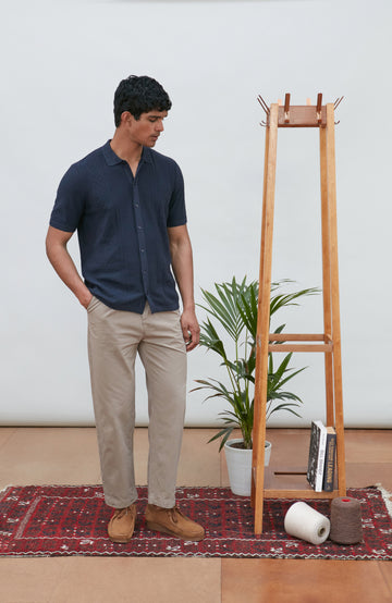 Men's navy cotton linen short-sleeved knitted shirt by Paul James Knitwear