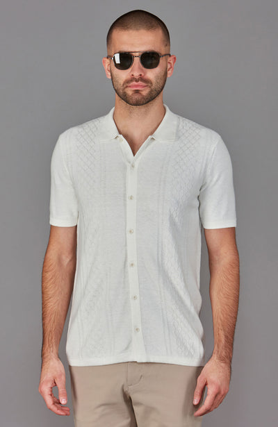 white mens textured knitted cotton linen shirt