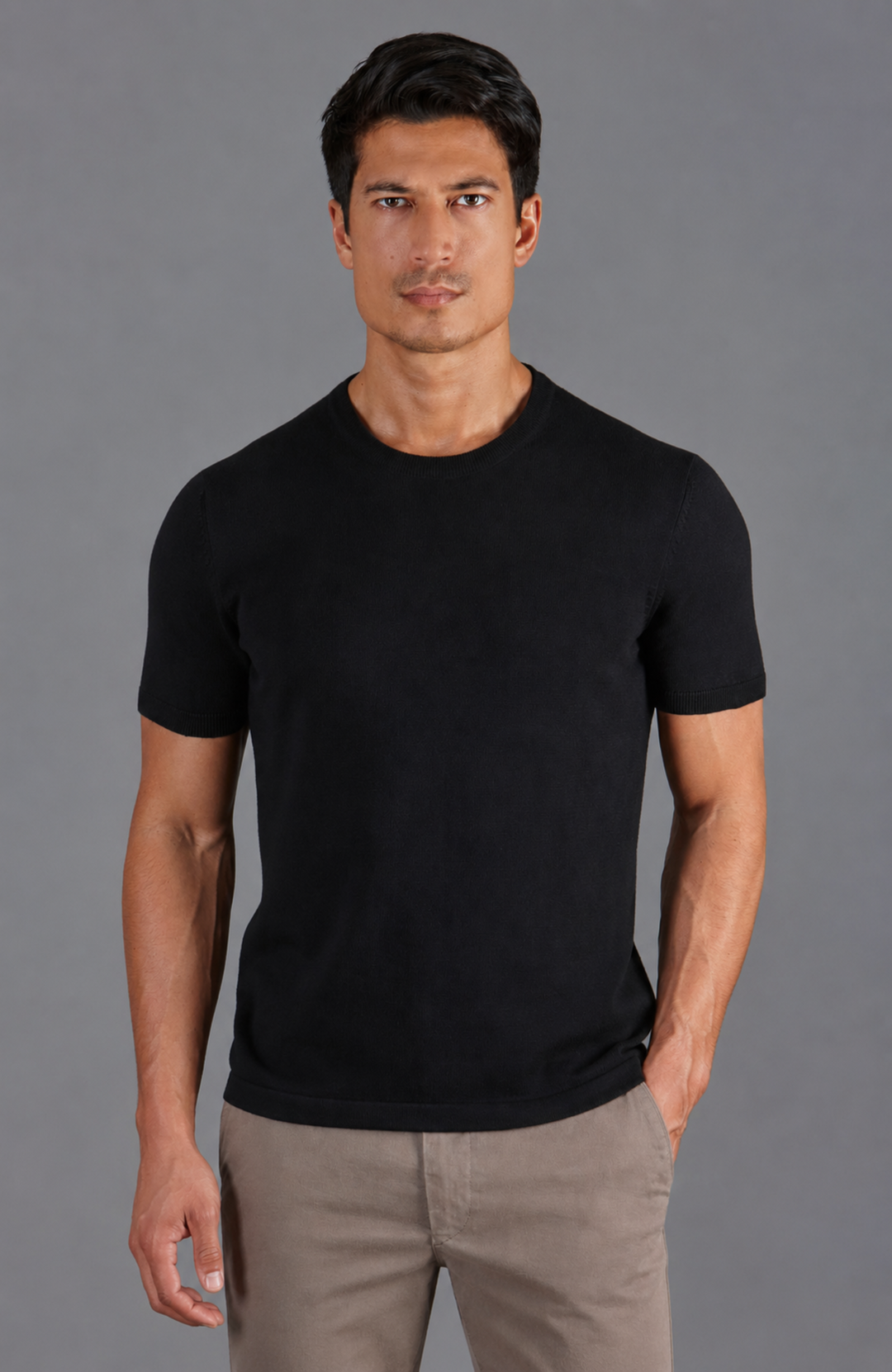 Black man's cotton premium T-shirt by Paul James Knitwear.