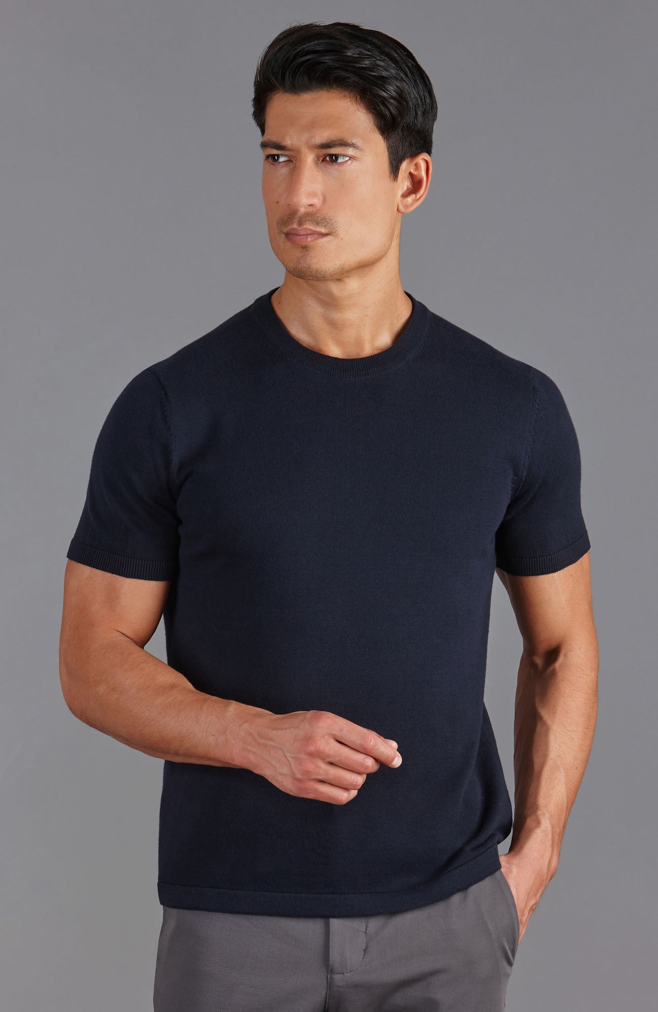 navy mens knitted t-shirt by Paul James 