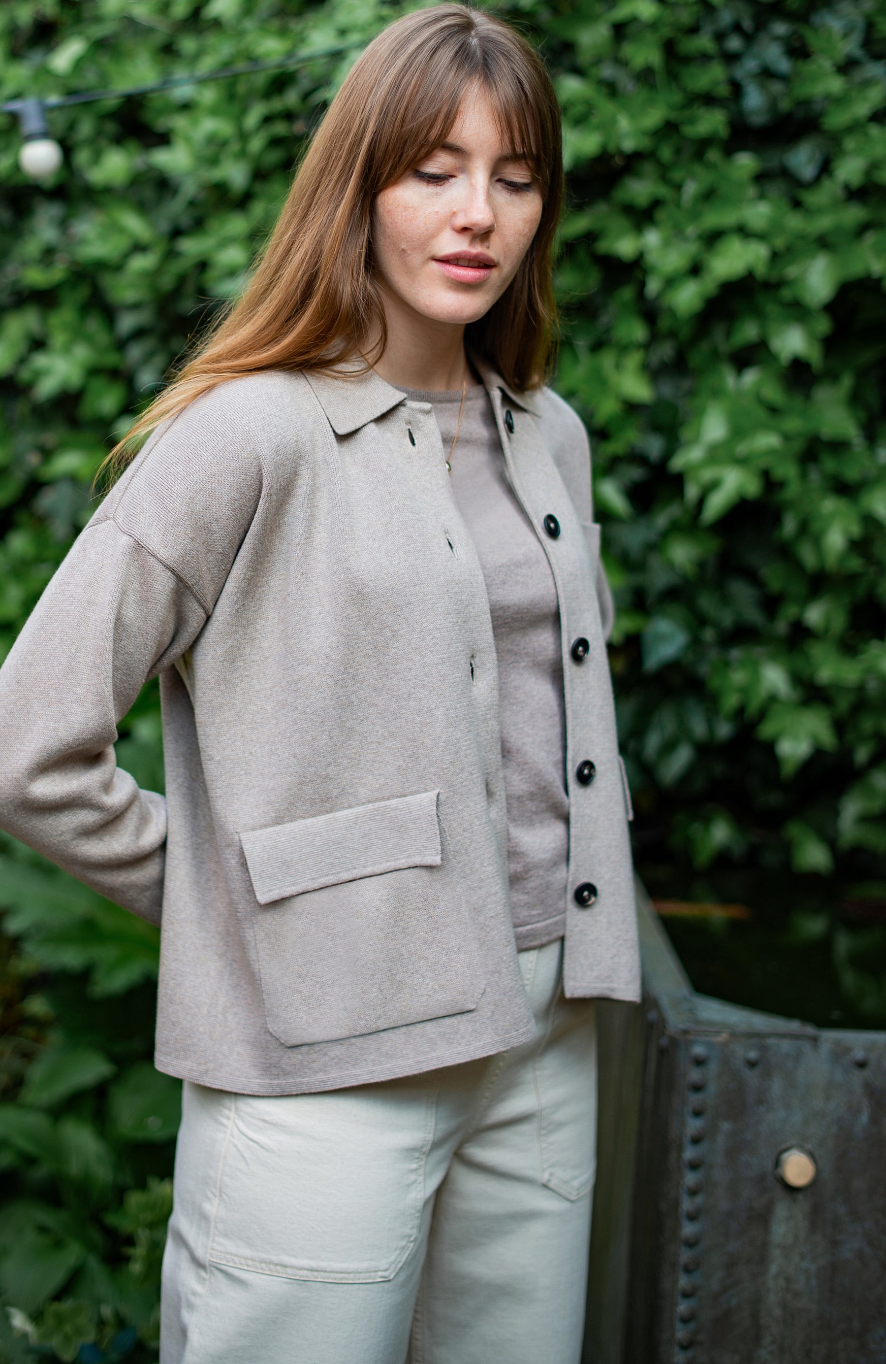 womens beige cotton knitted work shirt jacket