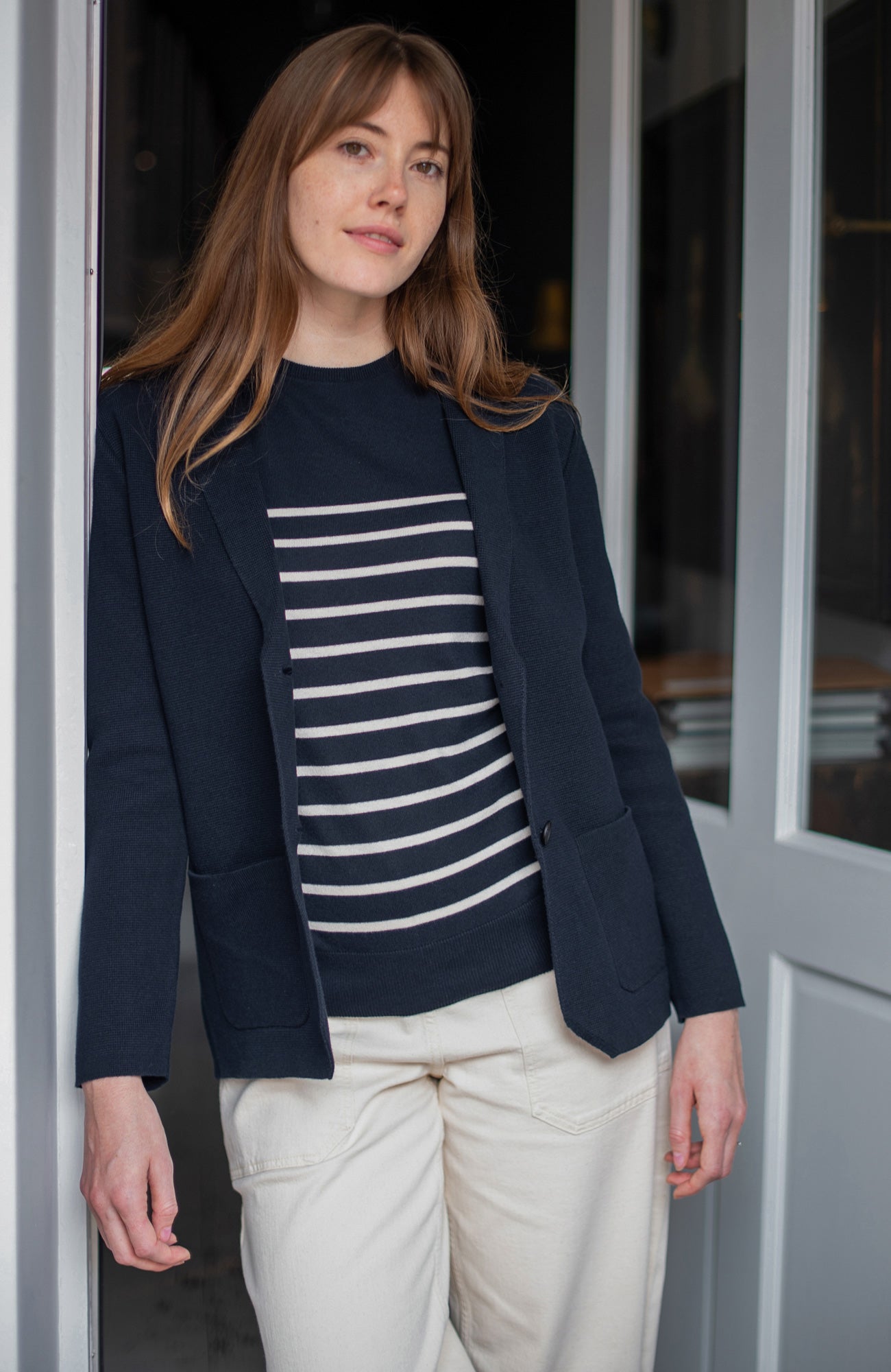 Womens Midweight Cotton Relaxed Fit Knitted Blazer