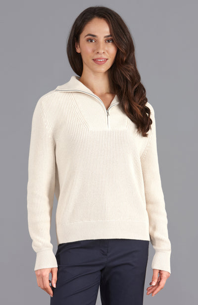 Womens Midweight Cotton Troyer Zip Neck Ribbed Jumper