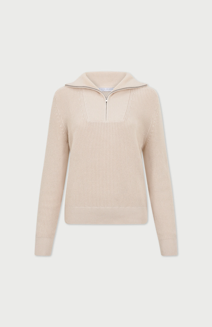 Womens Midweight Cotton Troyer Zip Neck Ribbed Jumper – Paul James