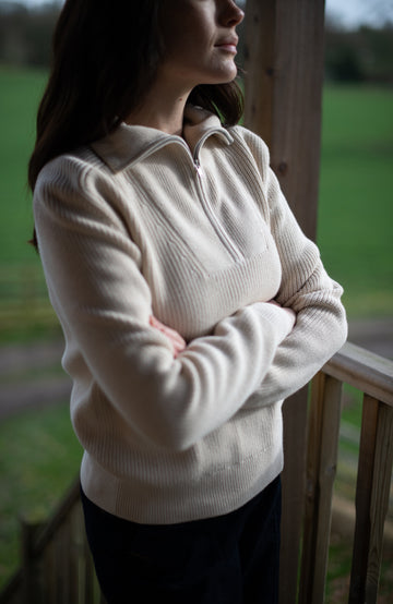 Women's ecru zip neck collar rib jumper by Paul James Knitwear.