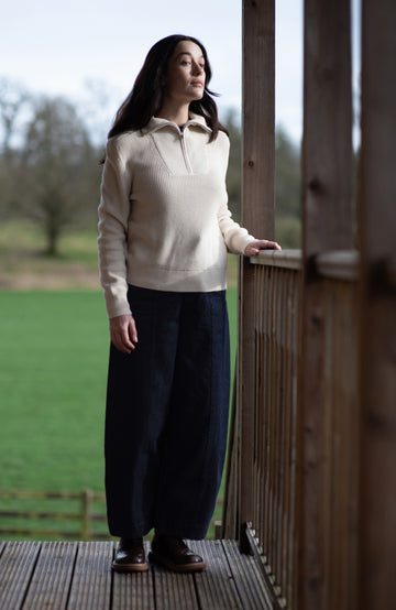 Women's ecru zip neck collar rib jumper by Paul James Knitwear.