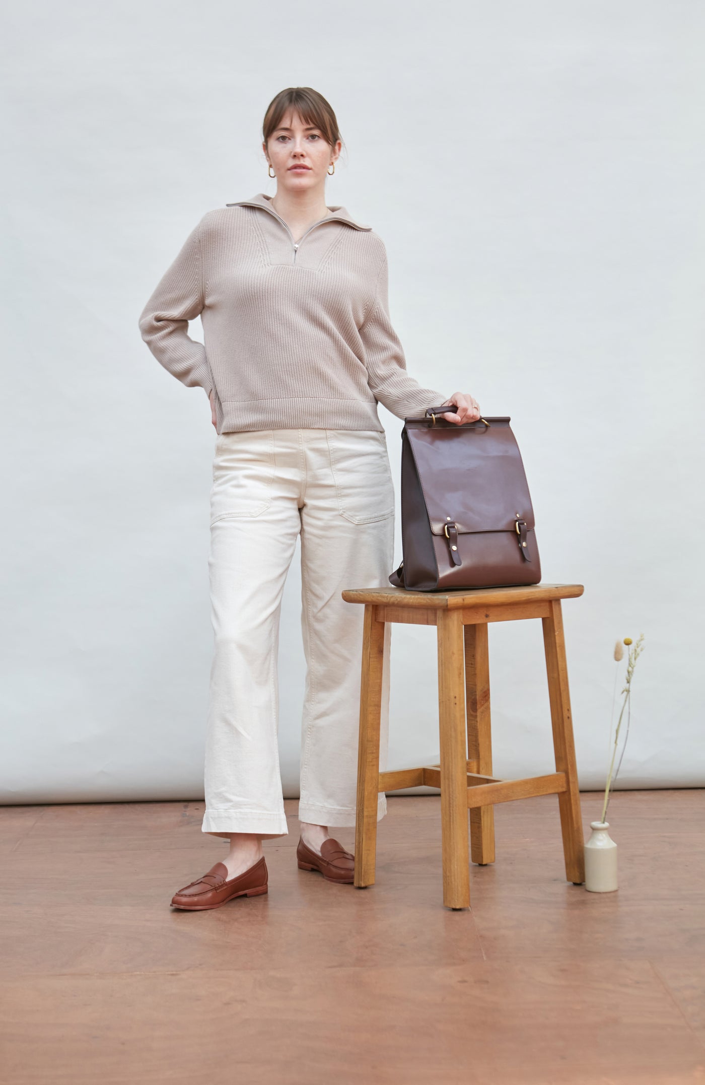 linen womens knitted zip neck jumper