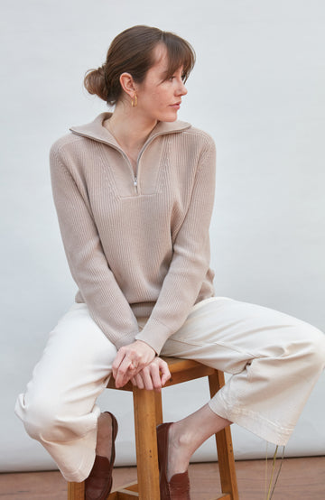 Linen womens knitted zip neck jumper by Paul James