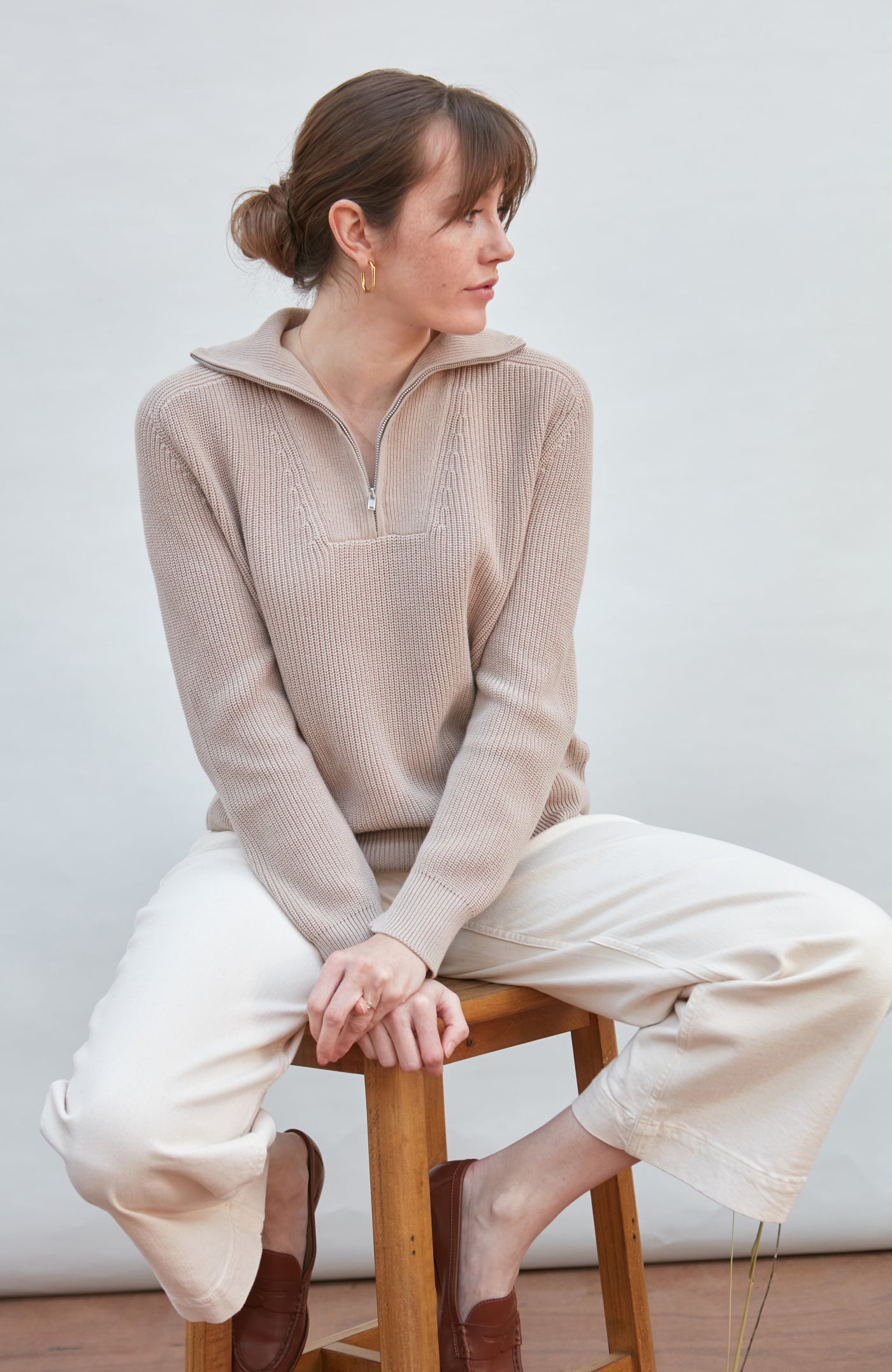 linen womens knitted zip neck jumper