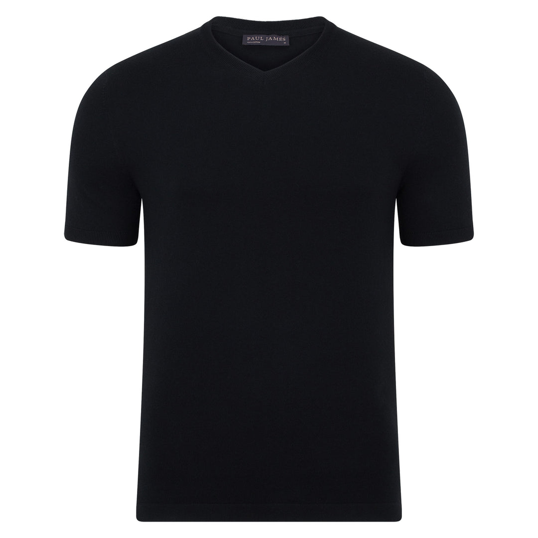 black mens high v neck knitted t-shirt