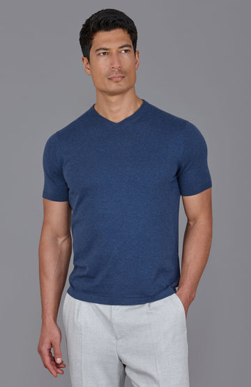 blue mens v neck knitted t shirt