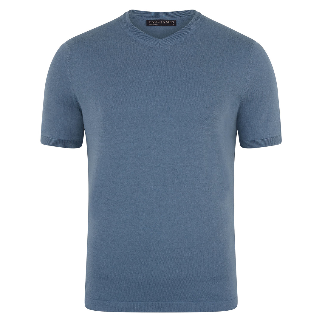 blue mens v neck knitted t-shirt