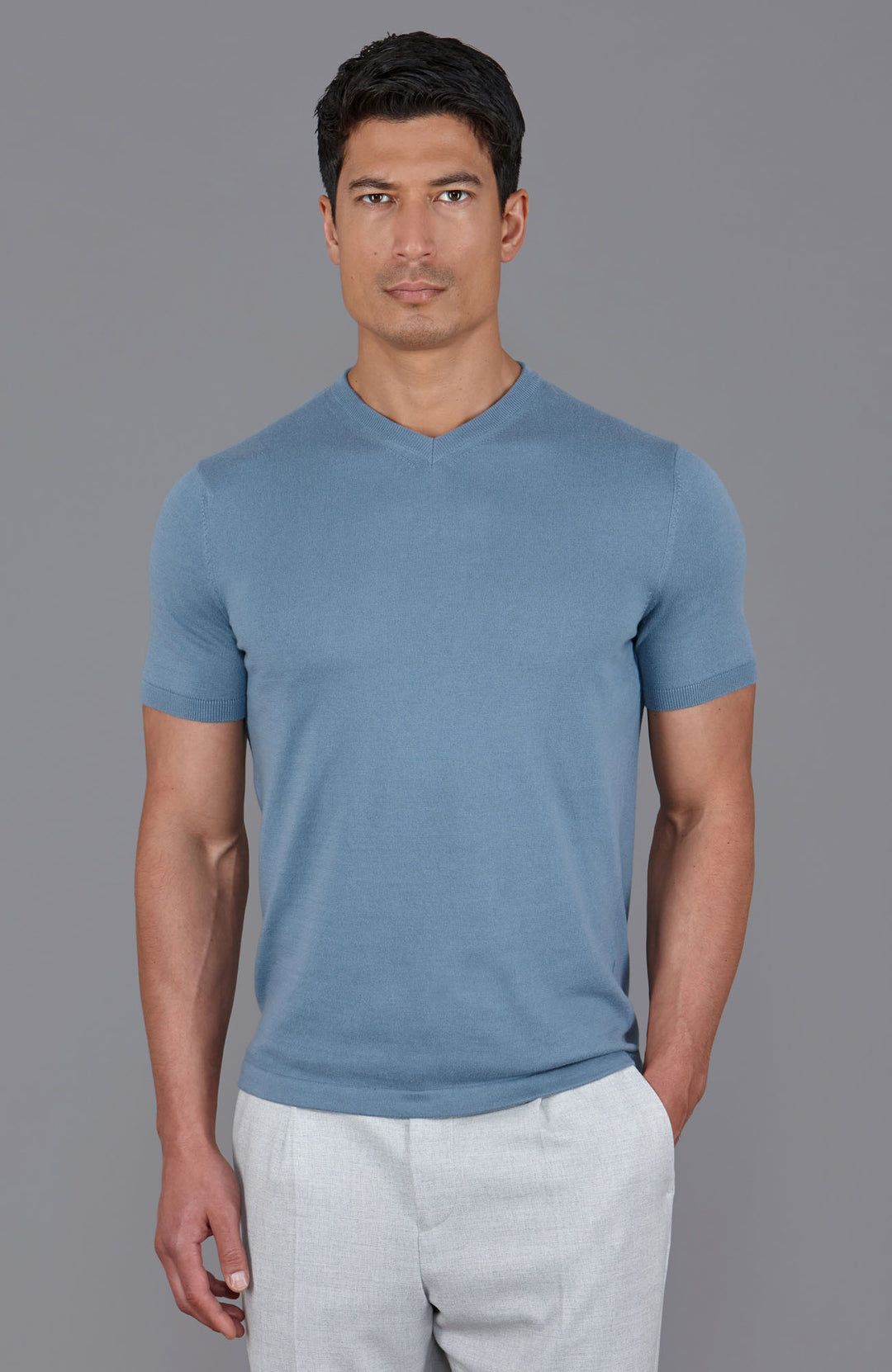 Mens Ultra Fine Cotton High V Neck Knitted T-Shirt – Paul James