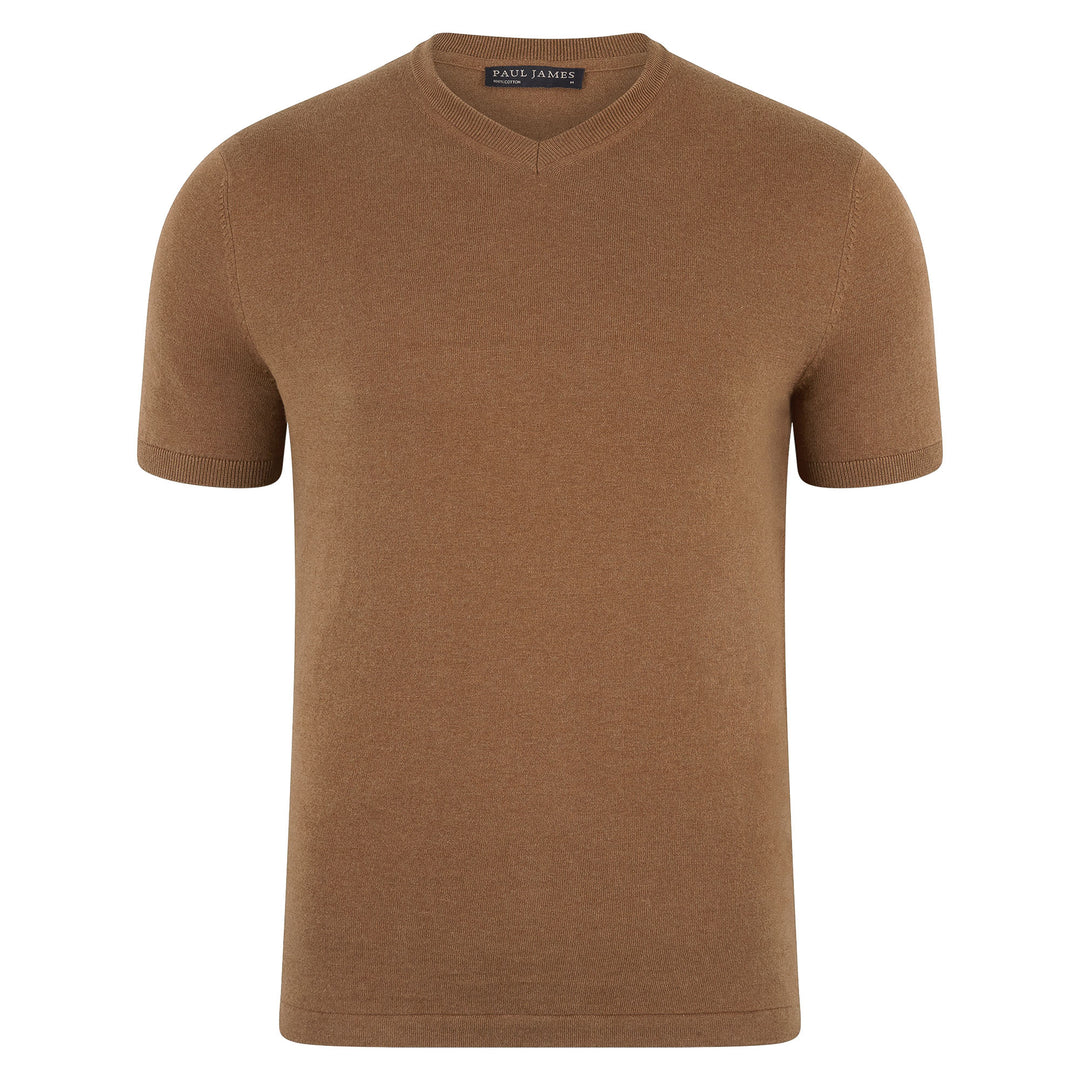 camel mens v neck knitted t-shirt