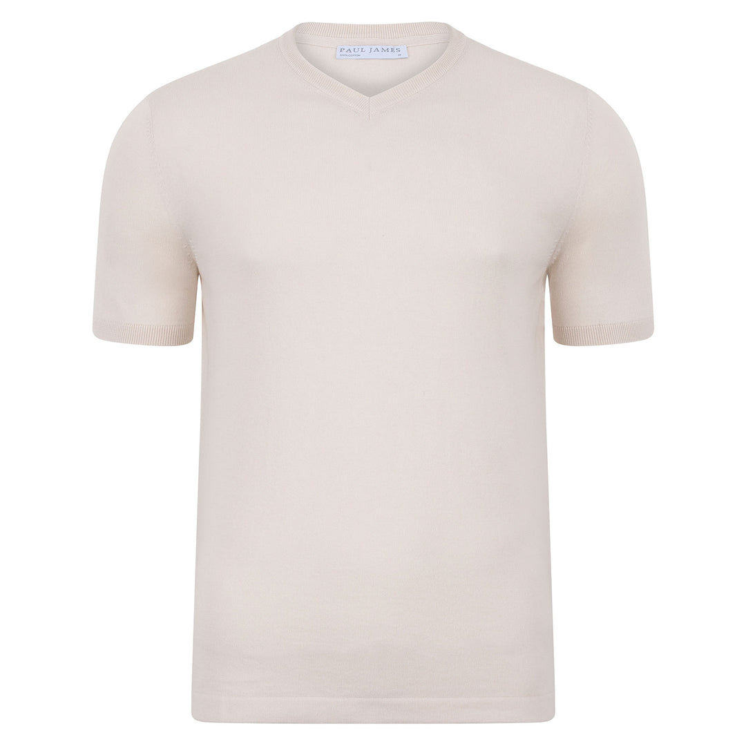 Mens Ultra Fine Cotton High V Neck Knitted T-Shirt