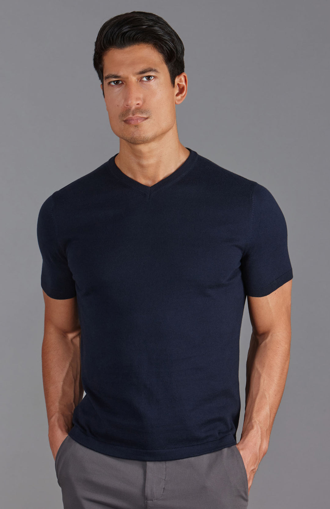 navy mens high v neck knitted t-shirt