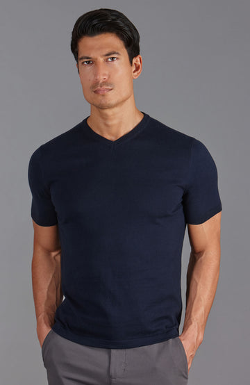 navy mens high v neck knitted t-shirt