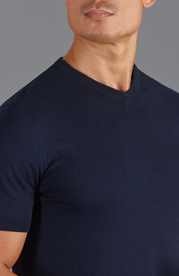 navy mens high v neck knitted t-shirt