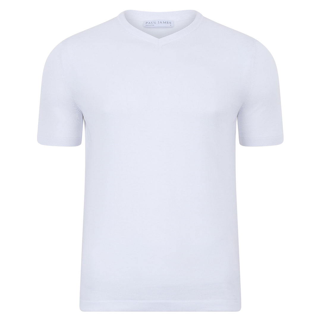 white mens high v neck knitted t-shirt
