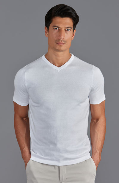 white mens high v neck knitted t-shirt