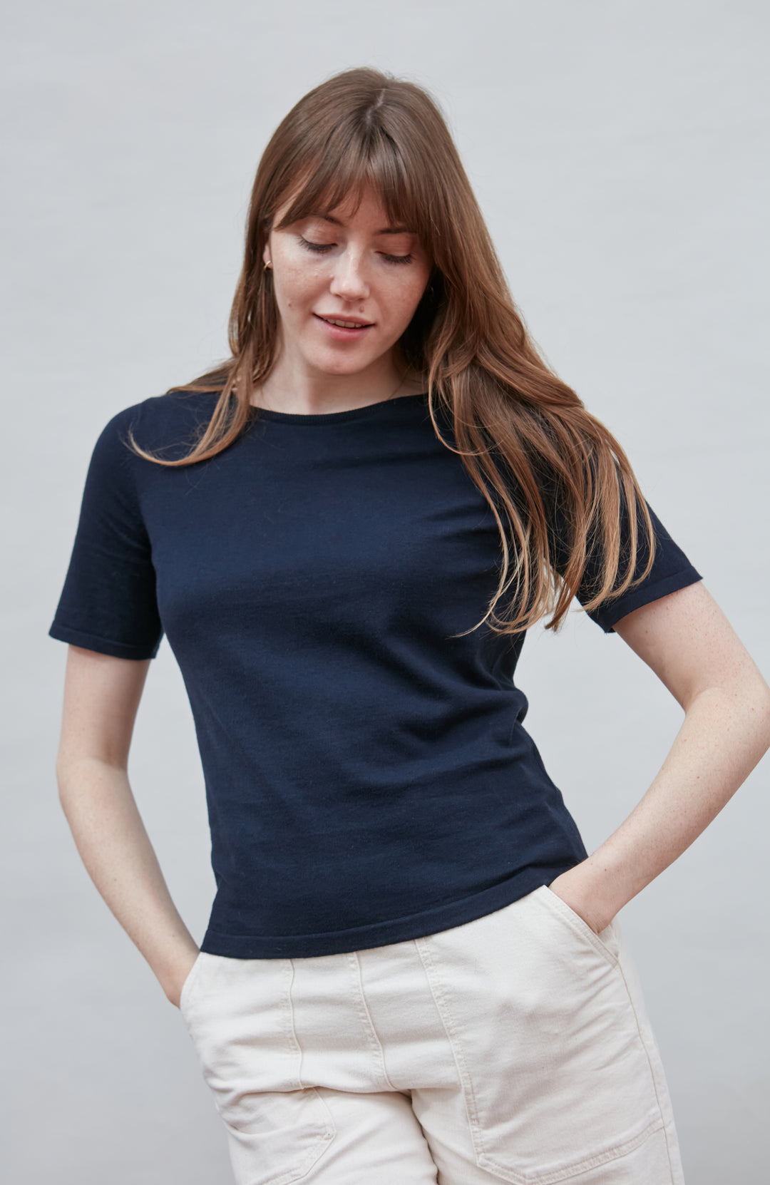 Women's navy Knitted Round Neck T-Shirt by Paul James