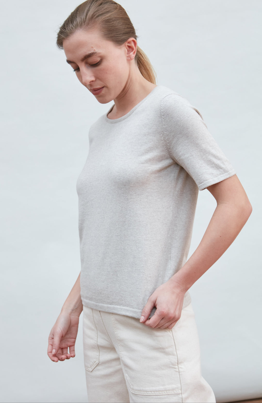 Women's Beige Knitted Round Neck T-Shirt by Paul James