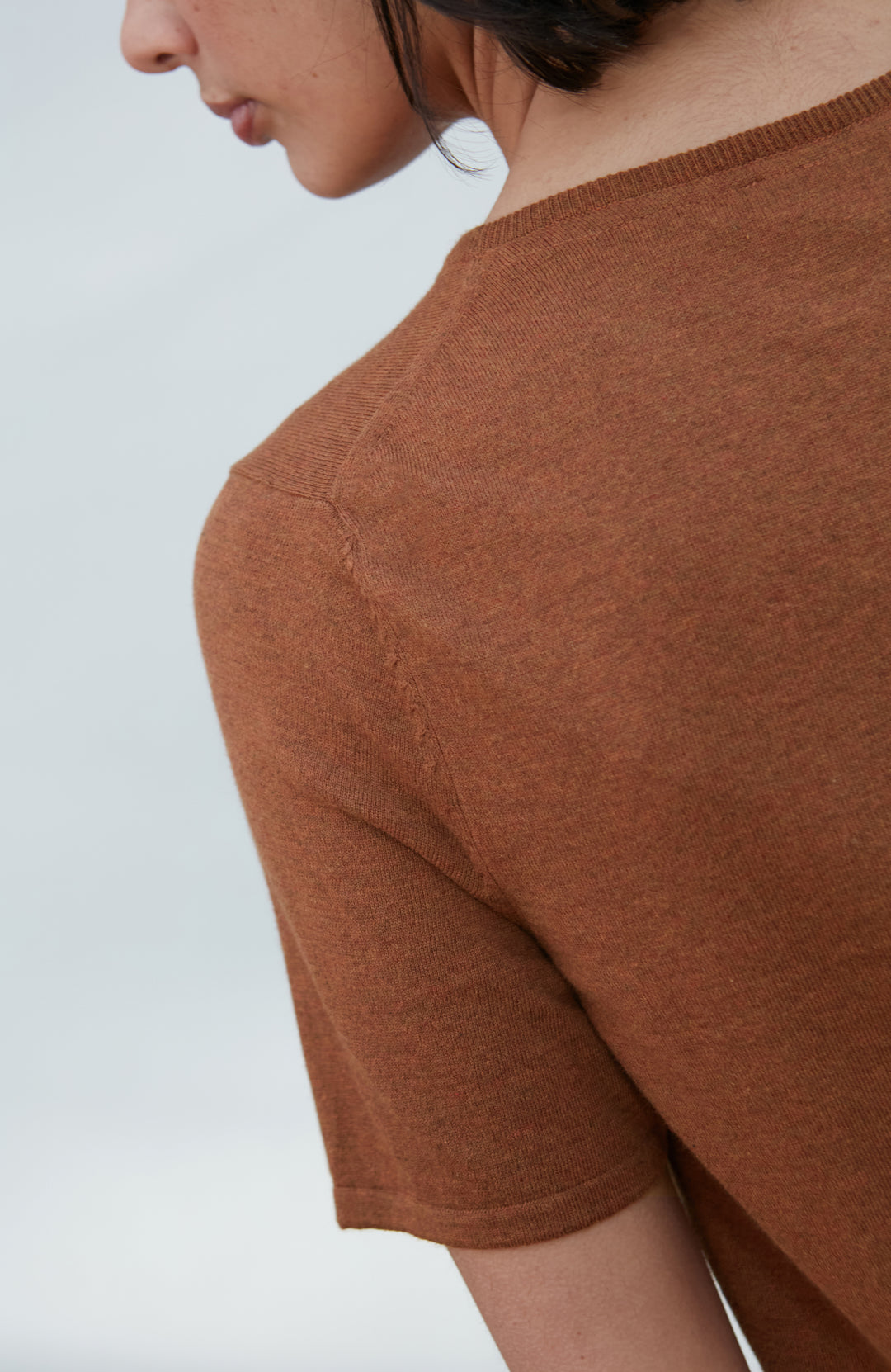 A woman wearing a short-sleeve crewneck knit top in a warm rust brown color By Paul James Knitwear, paired with beige trousers, photographed against a clean off-white studio background.