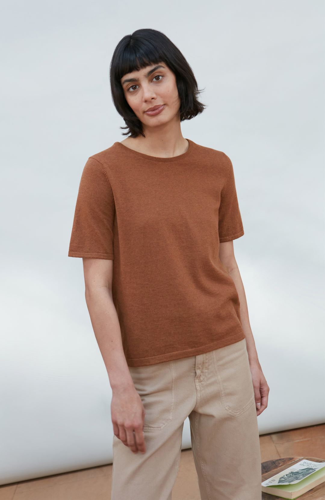 A woman wearing a short-sleeve crewneck knit top in a warm rust brown color By Paul James Knitwear, paired with beige trousers, photographed against a clean off-white studio background.