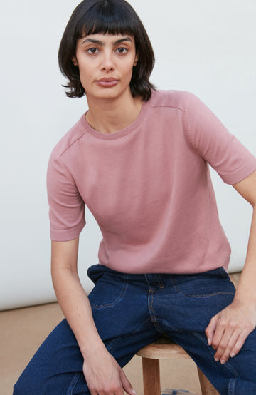 Pink women's crew neck cotton knitted T-shirt by Paul James Knitwear.