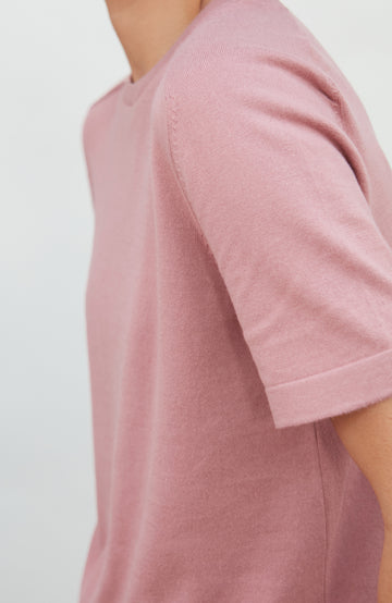 Pink women's crew neck cotton knitted T-shirt by Paul James Knitwear.