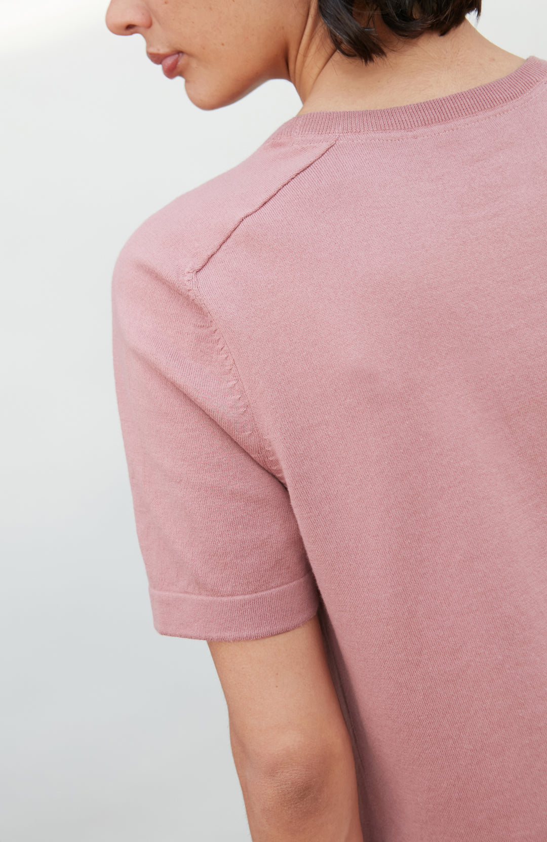 Pink women's crew neck cotton knitted T-shirt by Paul James Knitwear.