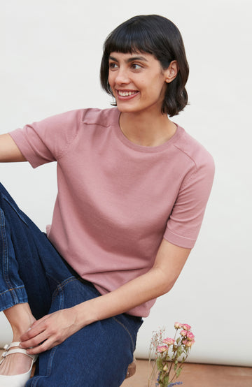 Pink women's crew neck cotton knitted T-shirt by Paul James Knitwear.