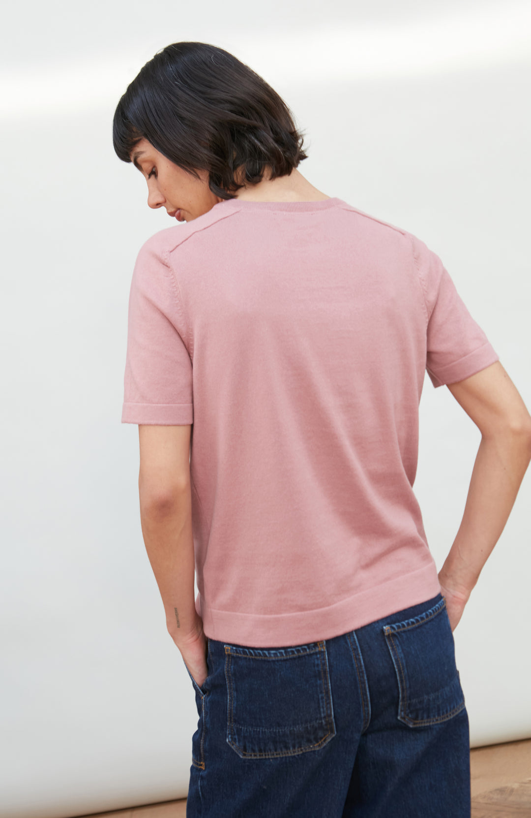 Pink women's crew neck cotton knitted T-shirt by Paul James Knitwear.