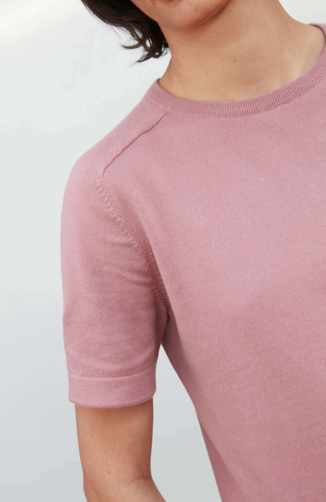 Pink women's crew neck cotton knitted T-shirt by Paul James Knitwear.