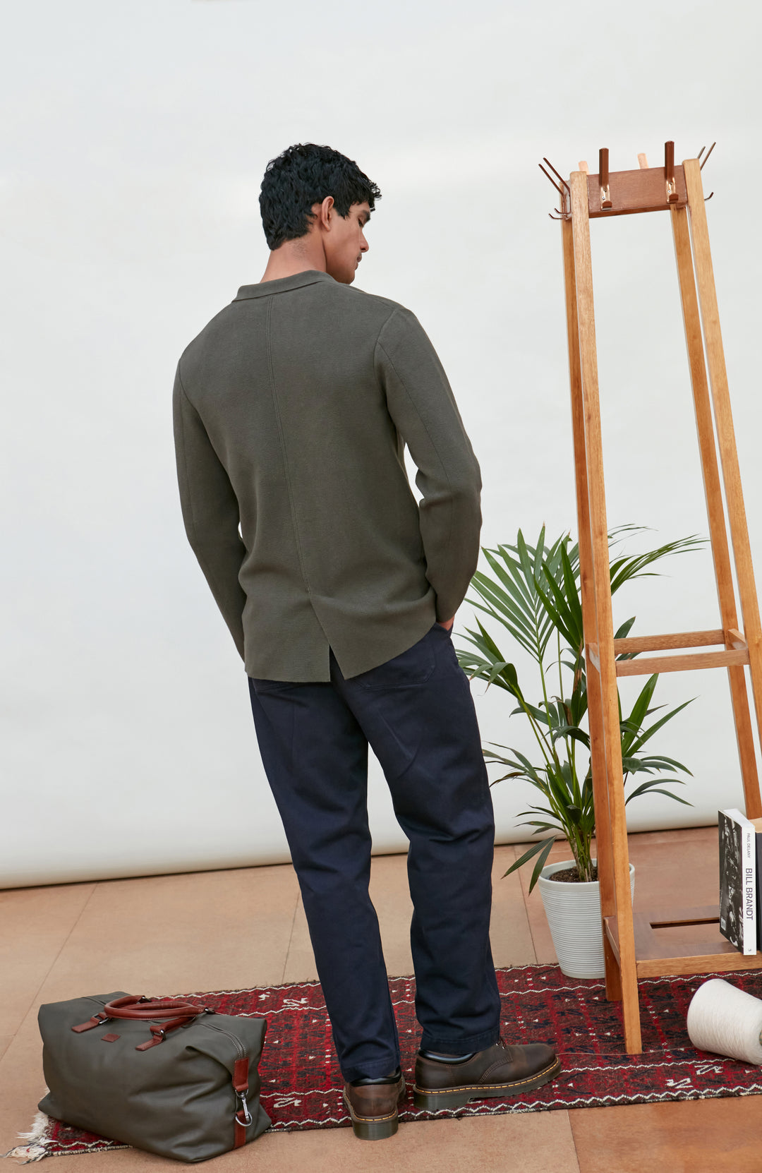 Mens dark olive Cotton Linen Knitted Blazer by Paul James Knitwear.